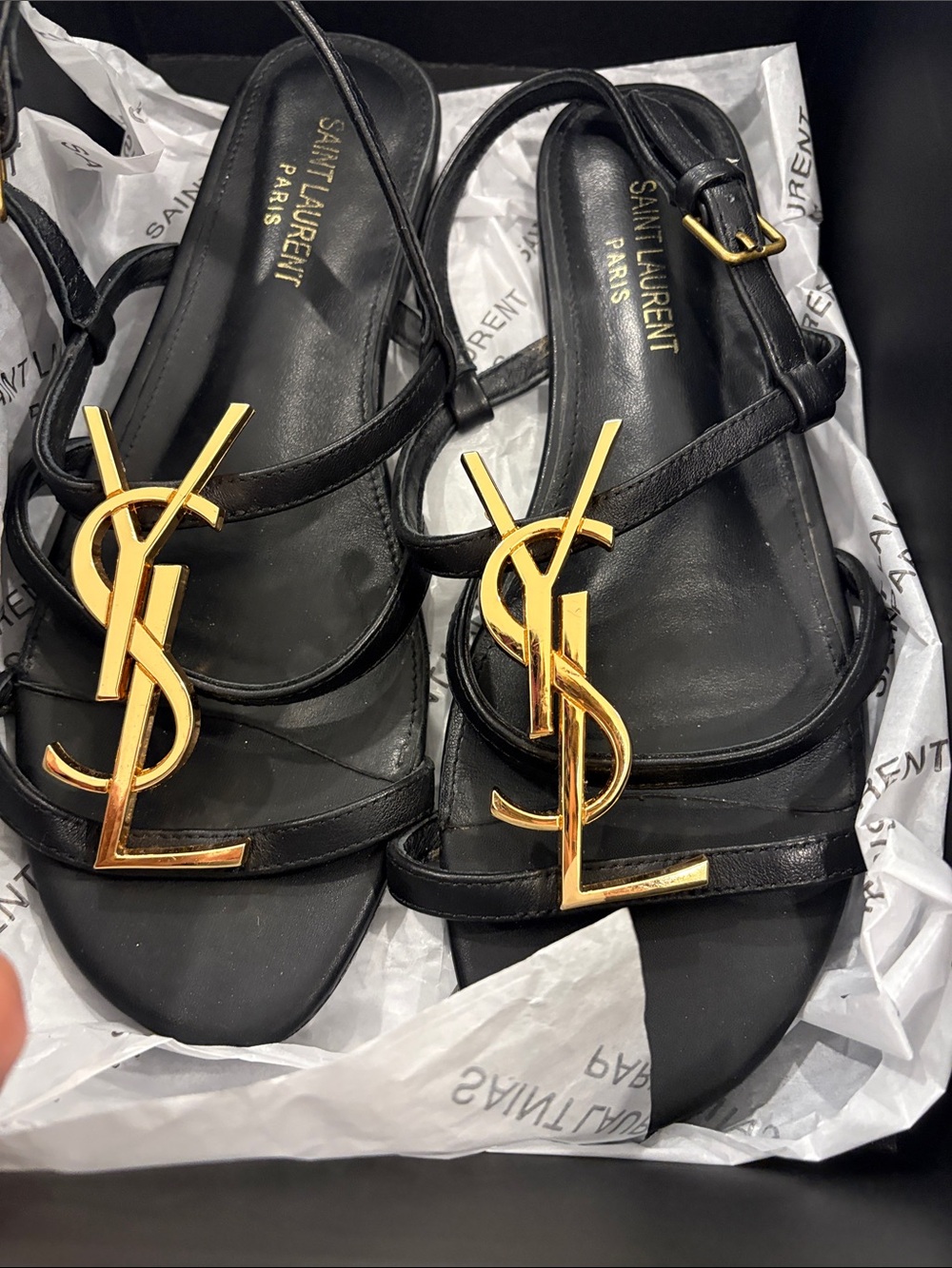 Saint Laurent Black Leather Strap Sandals with Gold YSL Logo